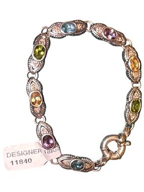 18k Gold Sterling Silver Multi Gemstone & Diamond Bracelet